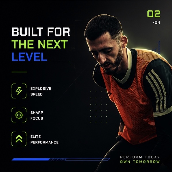 Sportist në stërvitje — grafikë “Built for the Next Level”: shpejtësi shpërthyese, fokus dhe performancë elite