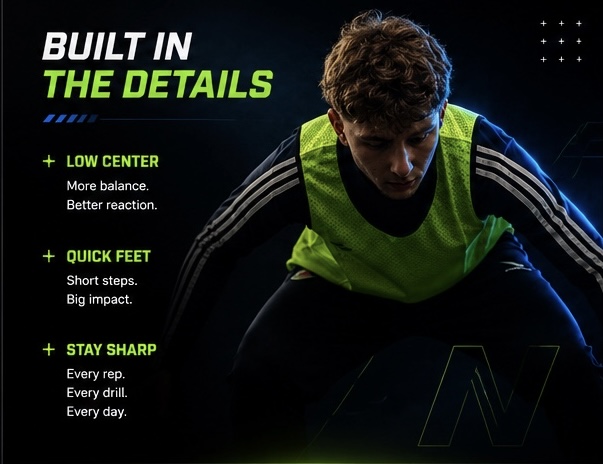 Sportist në pozicion të ulët — grafikë “Built in the Details”: qendër e ulët, këmbë të shpejta dhe mprehtësi