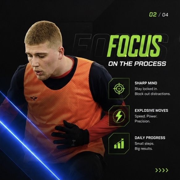 Sportist në stërvitje — grafikë “Focus on the Process”: mendje e mprehtë, lëvizje shpërthyese dhe progres ditor