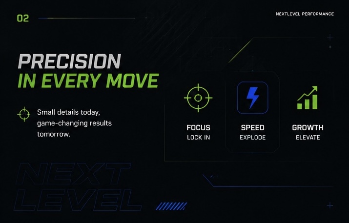 Grafikë mbi precizitetin — “Precision in Every Move”: fokus, shpejtësi dhe rritje