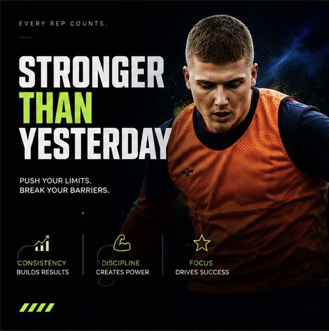 Sportist në stërvitje — grafikë me moton “Stronger Than Yesterday”: konsistencë, disiplinë dhe fokus