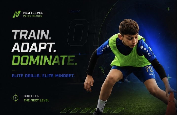 Sportist i ri gjatë stërvitjes me kon — grafikë “Train. Adapt. Dominate.”: drilla dhe mentalitet elitar